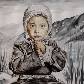 Dessin intitulée "Enfant du Tibet" par Elise Cottenot, Œuvre d'art originale, Crayon