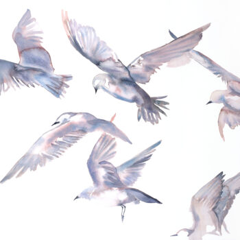 Schilderij getiteld "Seagulls in Flight" door Elizabeth Becker, Origineel Kunstwerk, Aquarel