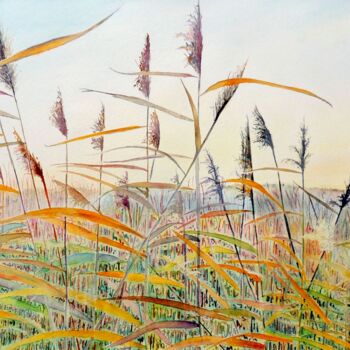 Painting titled "Fen Reeds" by Elizabeth Sadler, Original Artwork, Watercolor Mounted on Other rigid panel