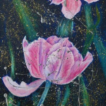 Peinture intitulée "Wet Day Tulips" par Elizabeth Sadler, Œuvre d'art originale, Huile Monté sur Châssis en bois