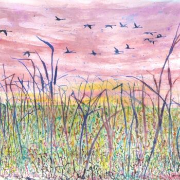 Malerei mit dem Titel "Hooper Swans Fen Su…" von Elizabeth Sadler, Original-Kunstwerk, Aquarell