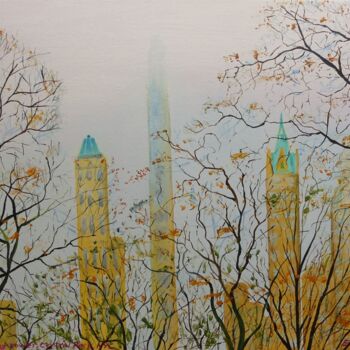 Painting titled "Misty Morning ,NYC" by Elizabeth Sadler, Original Artwork, Oil Mounted on Wood Stretcher frame