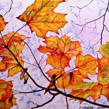 Schilderij getiteld "Autumns' Gold" door Elizabeth Sadler, Origineel Kunstwerk, Olie Gemonteerd op Frame voor houten brancard