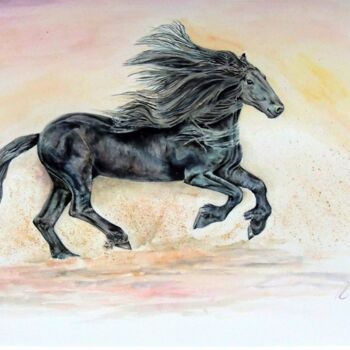 Schilderij getiteld "Fine Black Horse" door Elizabeth Sadler, Origineel Kunstwerk, Aquarel