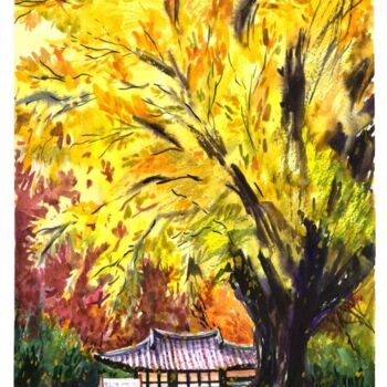 Картина под названием "Осень в Корее" - Elizabeth Shamina, Подлинное произведение искусства, Акварель