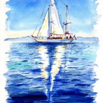 Pintura intitulada "Яхта в море" por Elizabeth Shamina, Obras de arte originais, Aquarela