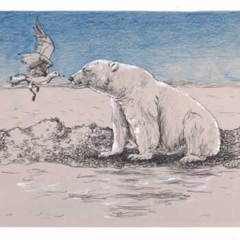 Schilderij getiteld "Белый медведь и чай…" door Elizabeth Shamina, Origineel Kunstwerk, Inkt