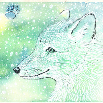 Картина под названием "Белая лисичка зимой" - Elizabeth Shamina, Подлинное произведение искусства, Акварель
