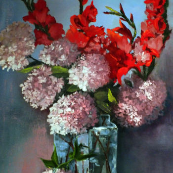 Painting titled "Hydrangeas and Glad…" by Elizabeth Williams, Original Artwork, Oil Mounted on Wood Stretcher frame