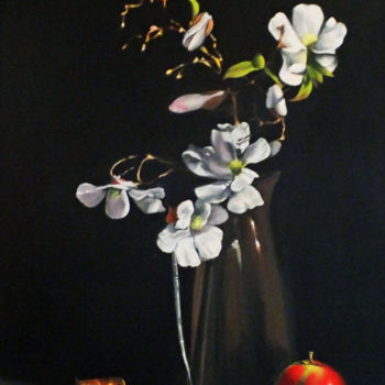 Painting titled "Magnolia Stellata.…" by Elizabeth Williams, Original Artwork, Oil Mounted on Wood Stretcher frame