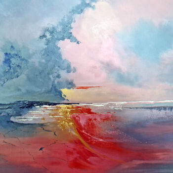 Painting titled "BREAKING SUNSET" by Elizabeth Williams, Original Artwork, Oil Mounted on Wood Stretcher frame