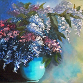 Painting titled "LILACS FROM ANDALUC…" by Elizabeth Williams, Original Artwork, Oil Mounted on Wood Stretcher frame