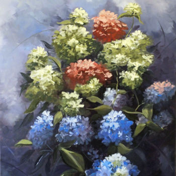 Painting titled "Hydrangeas - Still…" by Elizabeth Williams, Original Artwork, Oil Mounted on Wood Stretcher frame