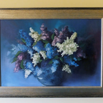 Schilderij getiteld "Lilacs in Flowered…" door Elizabeth Williams, Origineel Kunstwerk, Olie