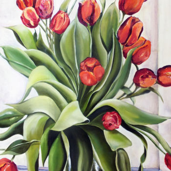 Painting titled "Tulips on a Stool" by Elizabeth Williams, Original Artwork, Oil