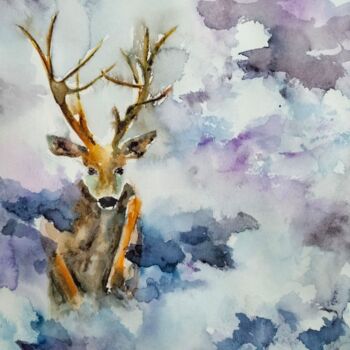 Картина под названием "Cerf dans les nuage…" - Elizaveta Pastushchak, Подлинное произведение искусства, Акварель
