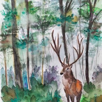 Peinture intitulée "Cerf dans une forêt…" par Elizaveta Pastushchak, Œuvre d'art originale, Aquarelle