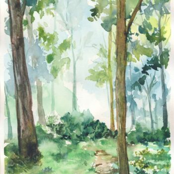 Malerei mit dem Titel "Arbres dans la forêt" von Elizaveta Pastushchak, Original-Kunstwerk, Aquarell