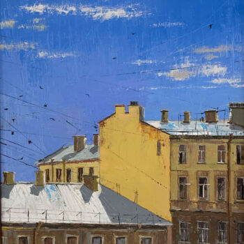 Painting titled "Картина маслом крыш…" by Elizaveta Pugacheva, Original Artwork, Oil Mounted on Wood Stretcher frame