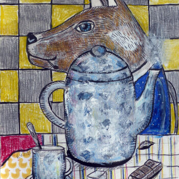 Schilderij getiteld "Fox with a teapot" door Elizaveta Vlasova, Origineel Kunstwerk, Acryl