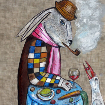 Ζωγραφική με τίτλο "A smoking Rabbit an…" από Elizaveta Vlasova, Αυθεντικά έργα τέχνης, Ακρυλικό