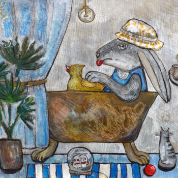 Peinture intitulée "Bunny in the bathro…" par Elizaveta Vlasova, Œuvre d'art originale, Acrylique