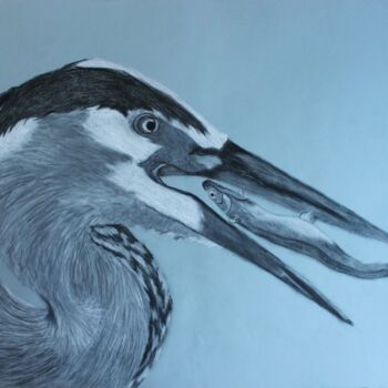 Painting titled "Heron with Fish" by Elke Matthaeus, Original Artwork, Pastel