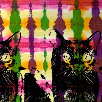 Gravures & estampes intitulée "Cats (Chats)" par Elke Thiébaut, Œuvre d'art originale, Linogravures