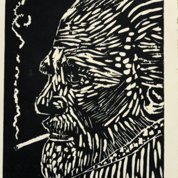 Printmaking titled "Charles (Bukowski)" by Elke Thiébaut, Original Artwork, Xylography