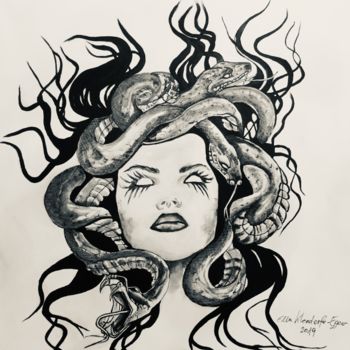 Malerei mit dem Titel "Medusa Acryl Tusche" von Ella Kleedorfer-Egger, Original-Kunstwerk, Kohle