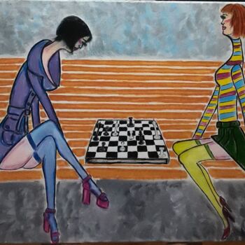 Malarstwo zatytułowany „Girls playing chess” autorstwa Ella Manhattan, Oryginalna praca, Akryl