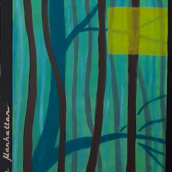 Malerei mit dem Titel "Green foggy forest" von Ella Manhattan, Original-Kunstwerk, Acryl