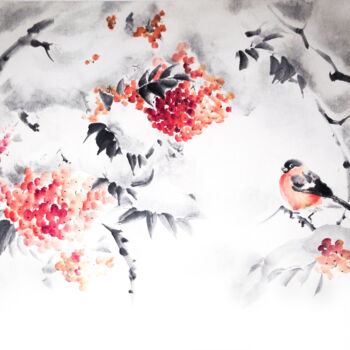 Malerei mit dem Titel "Bullfinch on branch…" von Ellada Saridi, Original-Kunstwerk, Tinte