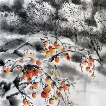 Malerei mit dem Titel "persimmon in snow" von Ellada Saridi, Original-Kunstwerk, Tinte