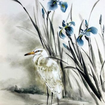 Malerei mit dem Titel "White heron and iri…" von Ellada Saridi, Original-Kunstwerk, Tinte