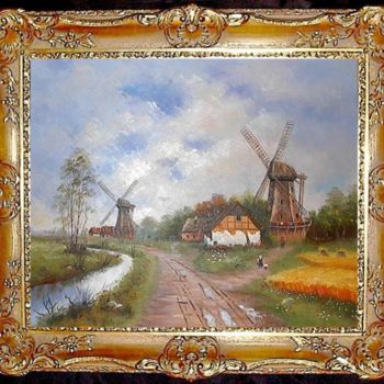 Malerei mit dem Titel "Landschaft mit Mühle" von Ellen Gläsmann, Original-Kunstwerk, Öl