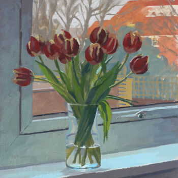 Painting titled "Tulips in Cool Wind…" by Elliot Roworth, Original Artwork, Oil Mounted on Other rigid panel
