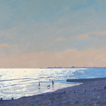 Schilderij getiteld "Low Tide Dog Walk,…" door Elliot Roworth, Origineel Kunstwerk, Olie Gemonteerd op Karton