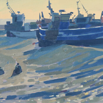 Malerei mit dem Titel "Beached Boats, Hast…" von Elliot Roworth, Original-Kunstwerk, Öl Auf Karton montiert