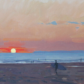 Painting titled "Croyde Bay Sunset" by Elliot Roworth, Original Artwork, Oil Mounted on Wood Stretcher frame
