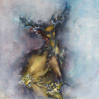 Painting titled "Forest sphinx" by Elmira Sharipova, Original Artwork, Oil Mounted on Wood Stretcher frame