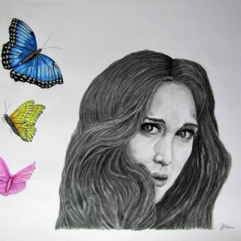 Dessin intitulée "La fille aux papill…" par Elodie Gaschy (GElie), Œuvre d'art originale, Fusain