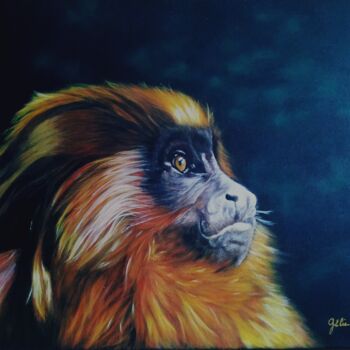 Painting titled "Tamarin Lion" by Elodie Gaschy (GElie), Original Artwork, Acrylic Mounted on Wood Stretcher frame