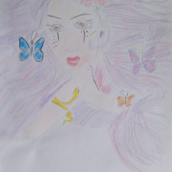 Desenho intitulada "Femme avec papillon…" por Élodie Jouot, Obras de arte originais, Lápis