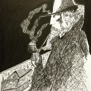 Drawing titled "Man smoking his Pipe" by Elodie M. Richard, Original Artwork, Ink