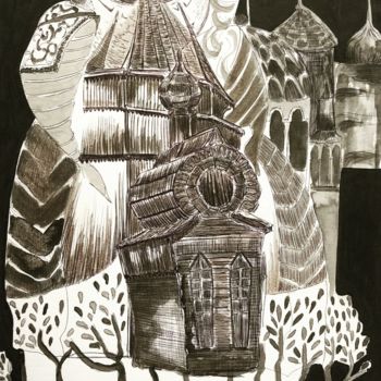 Zeichnungen mit dem Titel "Tserkvas and Two Si…" von Elodie M. Richard, Original-Kunstwerk, Tinte