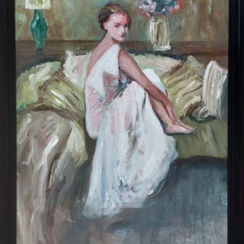 Painting titled "Waiting on the sofa" by Els Driesen, Original Artwork, Oil