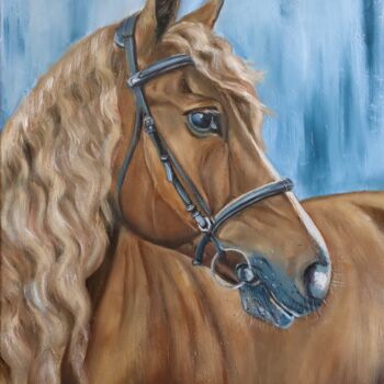 Painting titled "Wavy horse in blue…" by Elena Ushanova, Original Artwork, Oil Mounted on Wood Stretcher frame