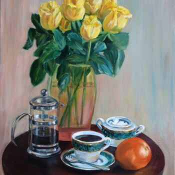 Painting titled "Still life with cof…" by Elena Ushanova, Original Artwork, Oil Mounted on Wood Stretcher frame