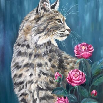 Painting titled "Lynx  in the garden…" by Elena Ushanova, Original Artwork, Oil Mounted on Wood Stretcher frame